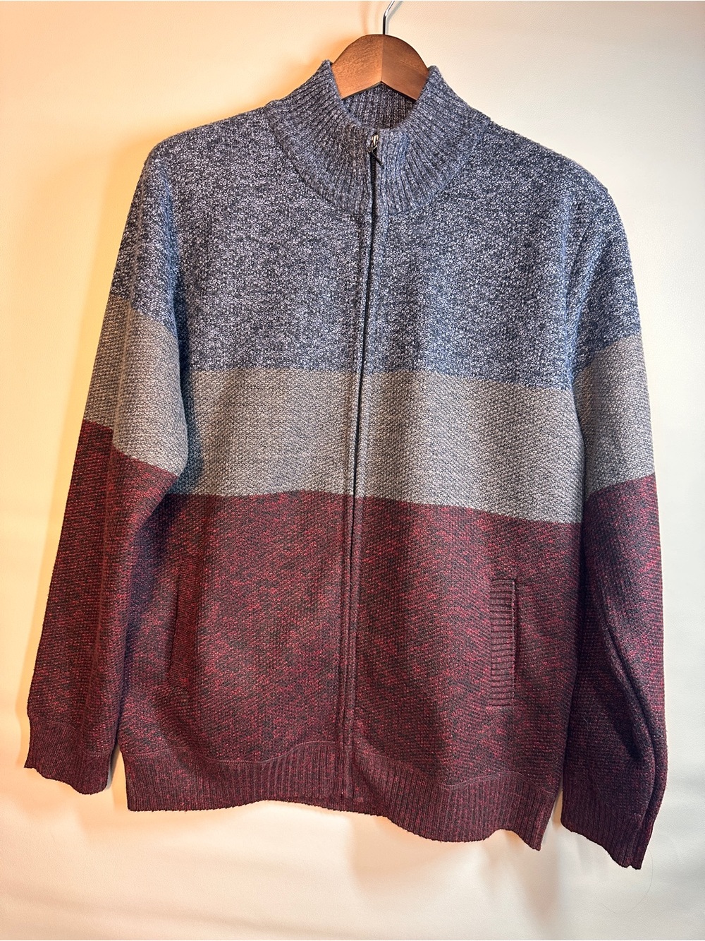 Men’s  burgundy gray Colorblock Lined Zip Knit Jacket XL